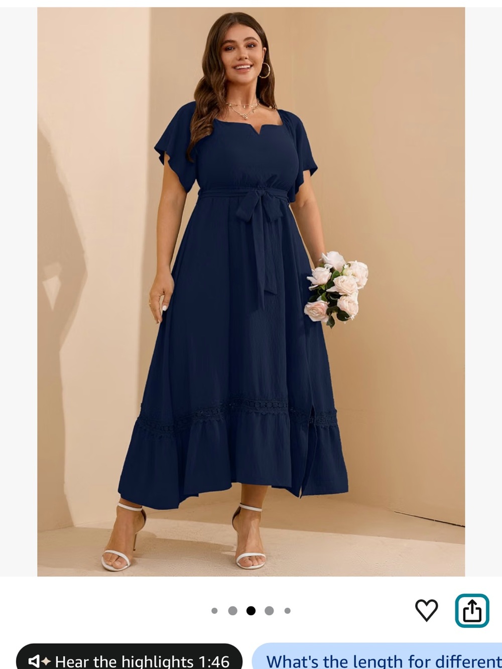 Navy Midi Tie-Waist Flutter Sleeve Dress
